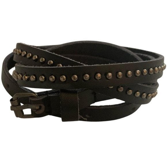 Black Leather Skinny Belt With Round Silver Studs main image 5